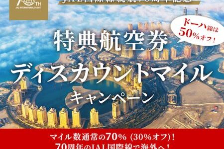 JAL国際線ディスカウントマイル実施。ドーハは半額、その他30%オフで2月中に発券必要。